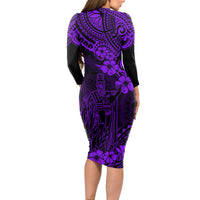 Hawaii King Kamehameha Long Sleeve Bodycon Dress Polynesian Pattern Purple Version LT01 - Polynesian Pride