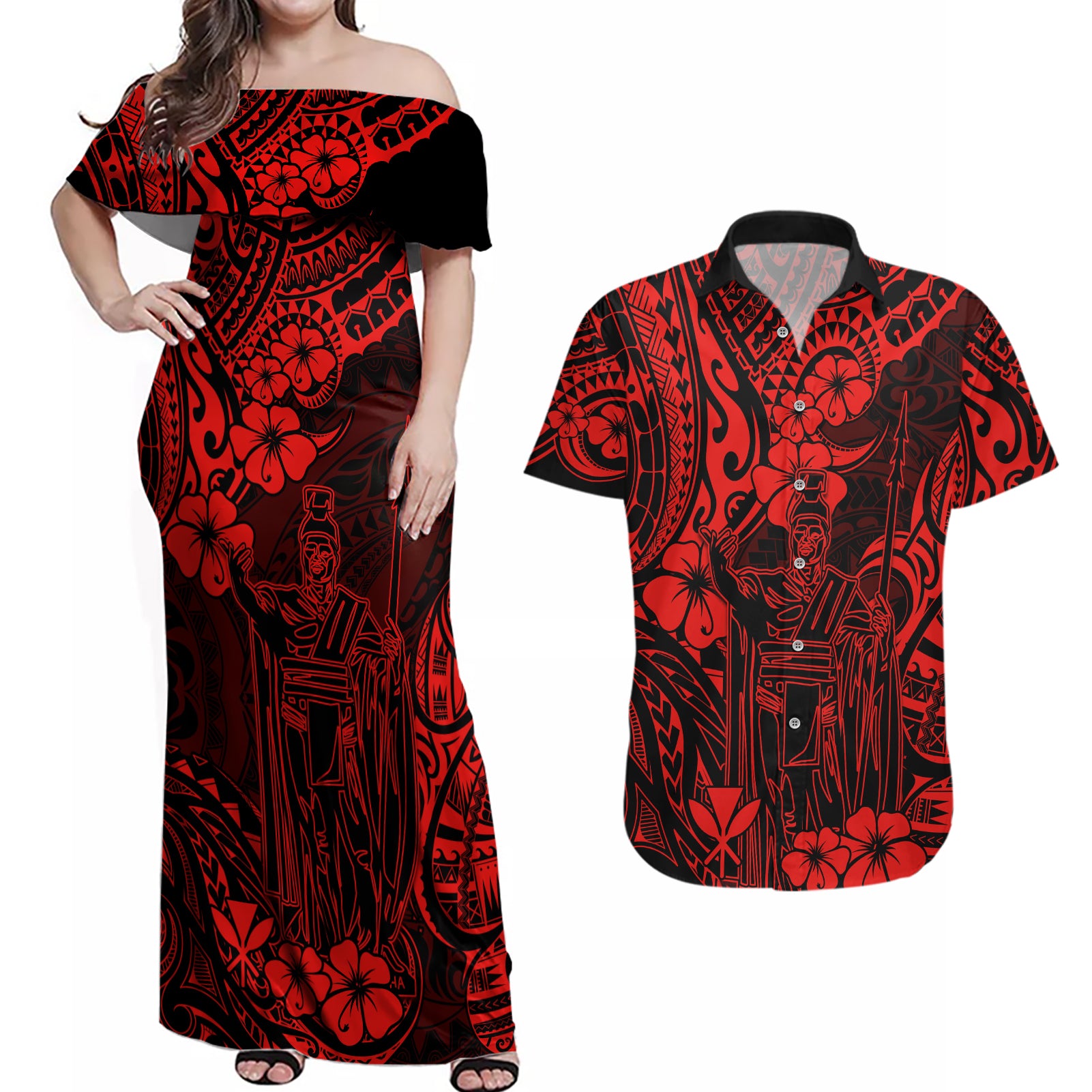 Hawaii King Kamehameha Couples Matching Off Shoulder Maxi Dress and Hawaiian Shirt Polynesian Pattern Red Version LT01 Red - Polynesian Pride