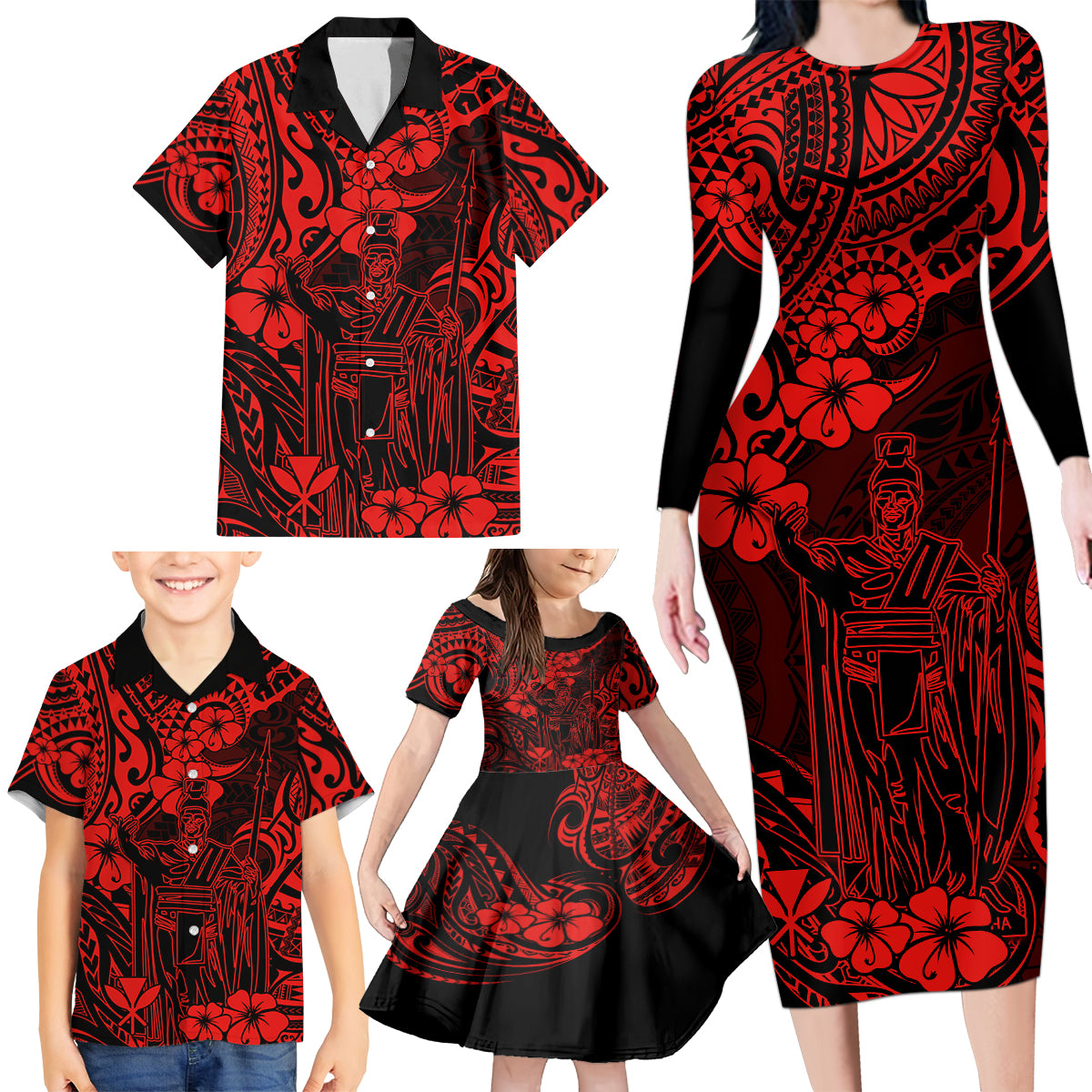 Hawaii King Kamehameha Family Matching Long Sleeve Bodycon Dress and Hawaiian Shirt Polynesian Pattern Red Version LT01 - Polynesian Pride