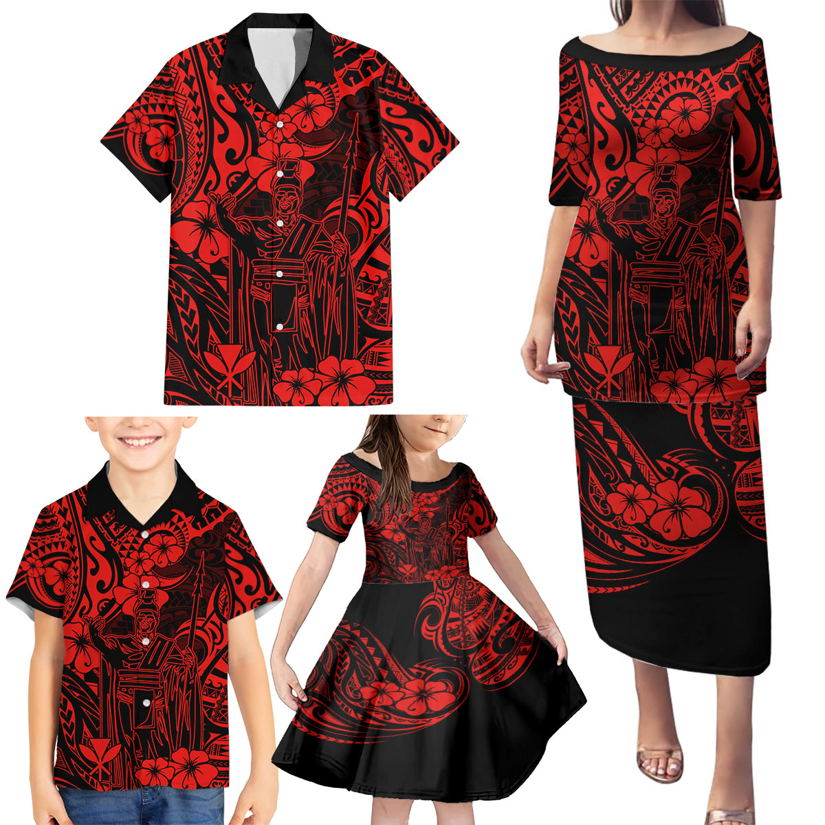 Hawaii King Kamehameha Family Matching Puletasi Dress and Hawaiian Shirt Polynesian Pattern Red Version LT01 - Polynesian Pride