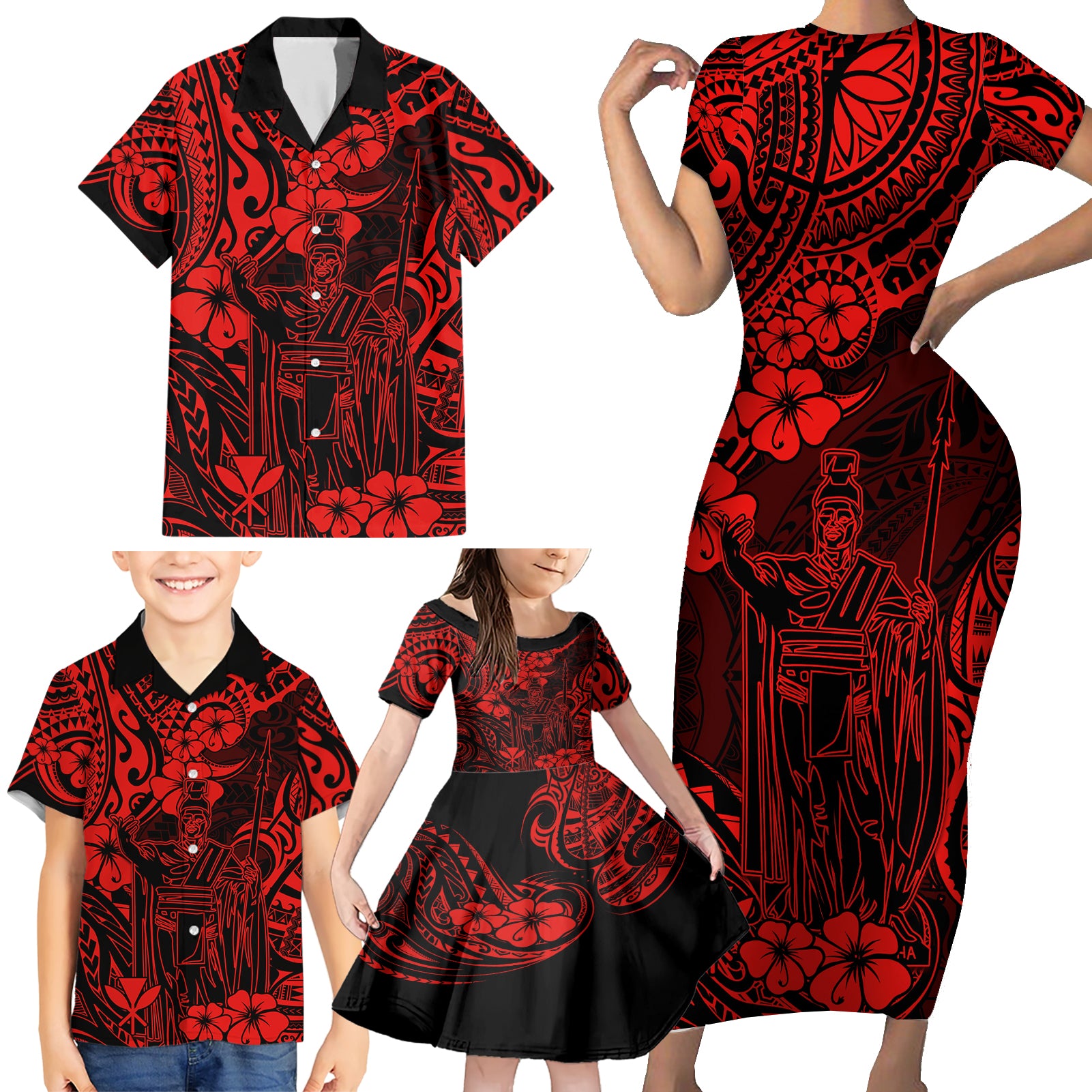 Hawaii King Kamehameha Family Matching Short Sleeve Bodycon Dress and Hawaiian Shirt Polynesian Pattern Red Version LT01 - Polynesian Pride