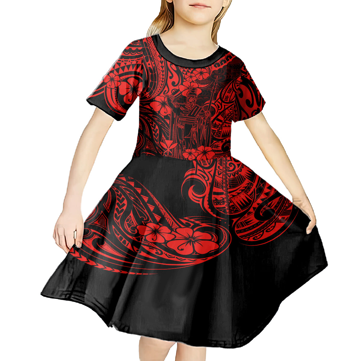 Hawaii King Kamehameha Kid Short Sleeve Dress Polynesian Pattern Red Version LT01 - Polynesian Pride