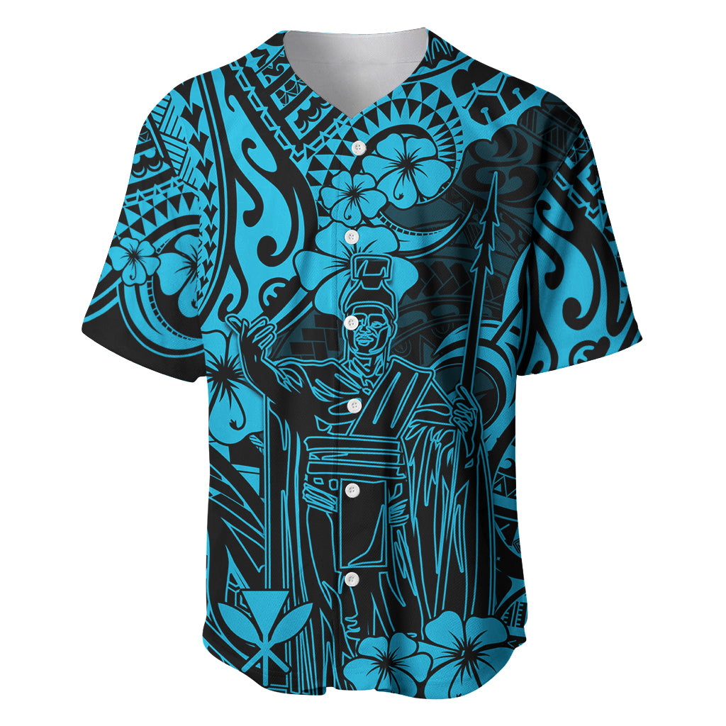 Hawaii King Kamehameha Baseball Jersey Polynesian Pattern Sky Blue Version LT01 Blue - Polynesian Pride