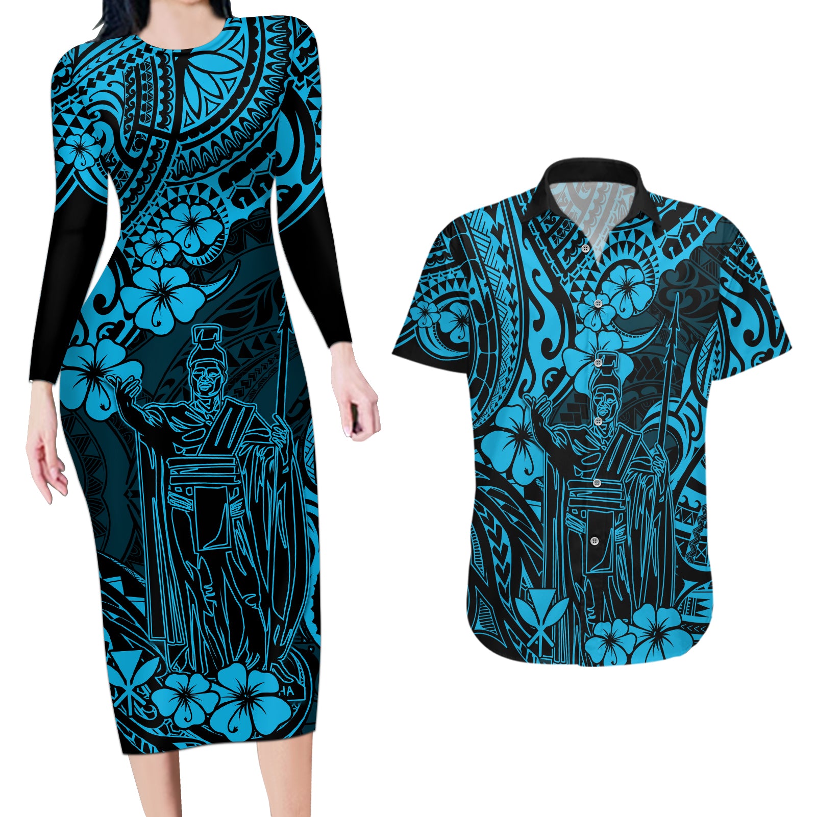 Hawaii King Kamehameha Couples Matching Long Sleeve Bodycon Dress and Hawaiian Shirt Polynesian Pattern Sky Blue Version LT01 Blue - Polynesian Pride