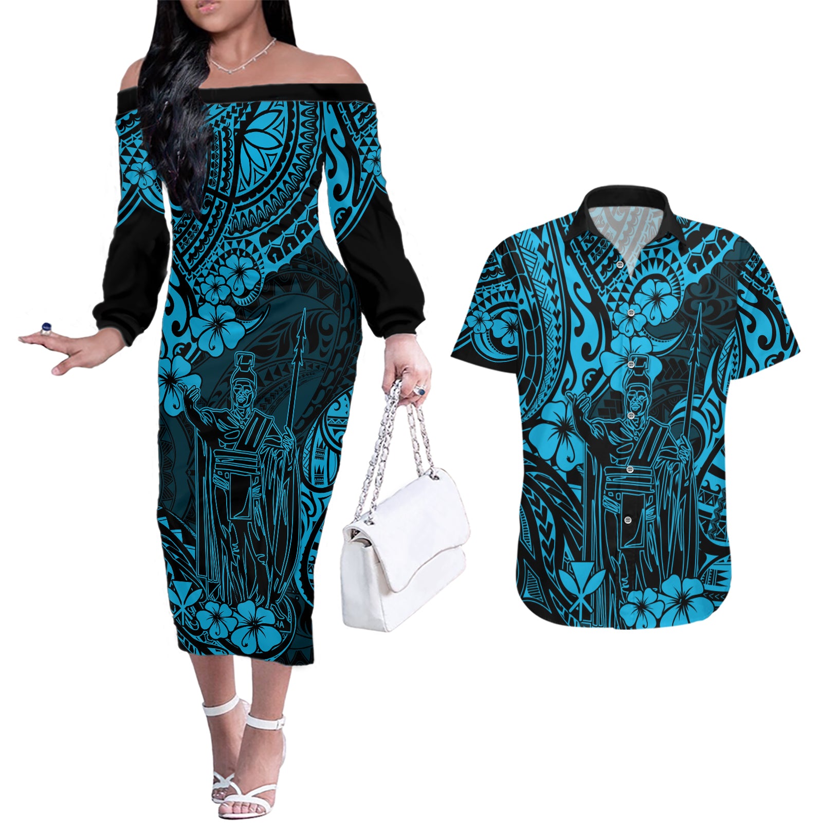 Hawaii King Kamehameha Couples Matching Off The Shoulder Long Sleeve Dress and Hawaiian Shirt Polynesian Pattern Sky Blue Version LT01 Blue - Polynesian Pride