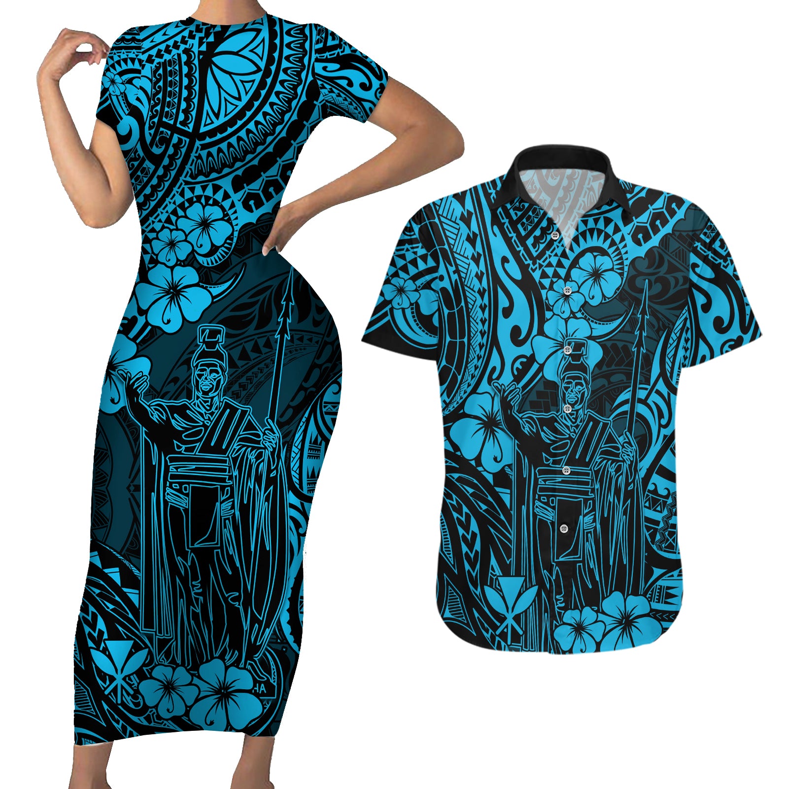 Hawaii King Kamehameha Couples Matching Short Sleeve Bodycon Dress and Hawaiian Shirt Polynesian Pattern Sky Blue Version LT01 Blue - Polynesian Pride