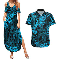Hawaii King Kamehameha Couples Matching Summer Maxi Dress and Hawaiian Shirt Polynesian Pattern Sky Blue Version LT01 Blue - Polynesian Pride
