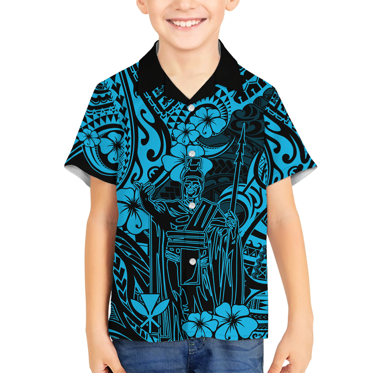 Hawaii King Kamehameha Family Matching Off Shoulder Maxi Dress and Hawaiian Shirt Polynesian Pattern Sky Blue Version LT01 Son's Shirt Blue - Polynesian Pride