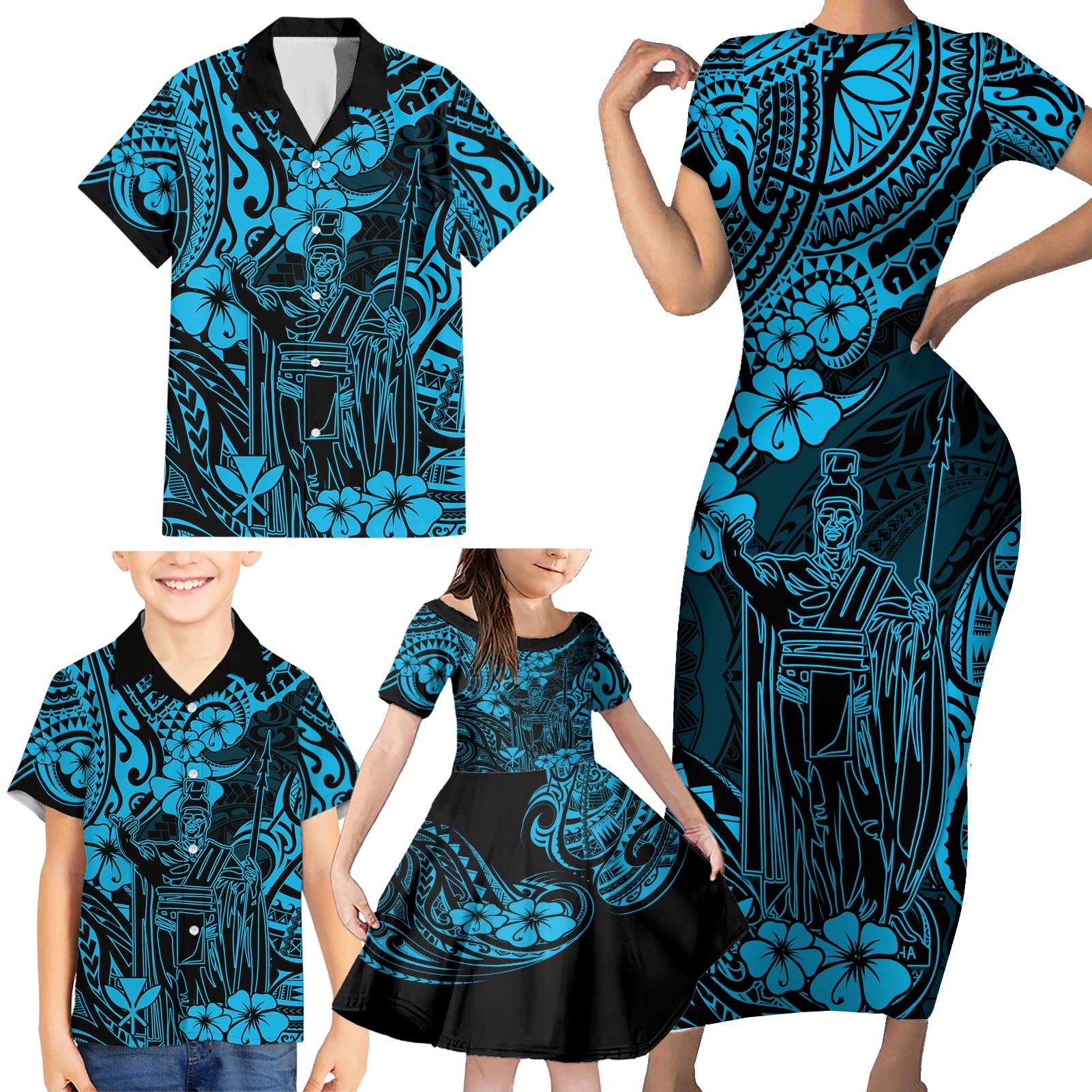 Hawaii King Kamehameha Family Matching Short Sleeve Bodycon Dress and Hawaiian Shirt Polynesian Pattern Sky Blue Version LT01 - Polynesian Pride