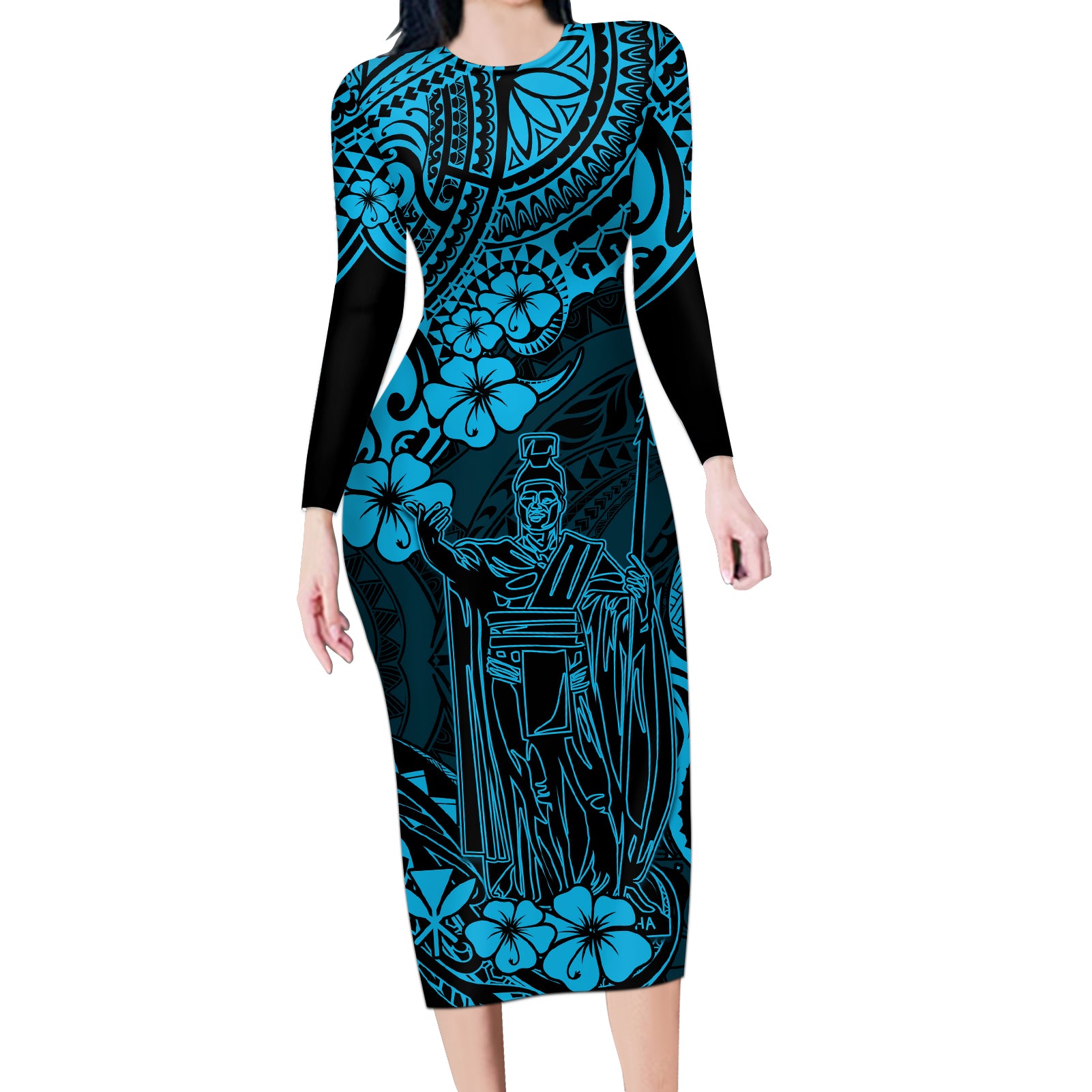 Hawaii King Kamehameha Long Sleeve Bodycon Dress Polynesian Pattern Sky Blue Version LT01 Long Dress Blue - Polynesian Pride