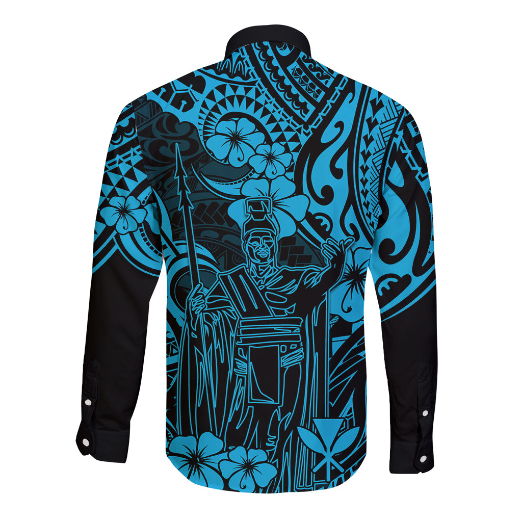 Hawaii King Kamehameha Long Sleeve Button Shirt Polynesian Pattern Sky Blue Version LT01 - Polynesian Pride