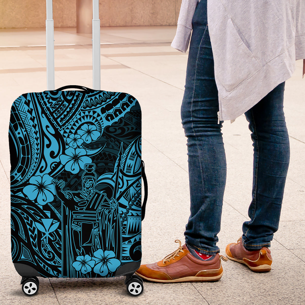 Hawaii King Kamehameha Luggage Cover Polynesian Pattern Sky Blue Version LT01 Blue - Polynesian Pride