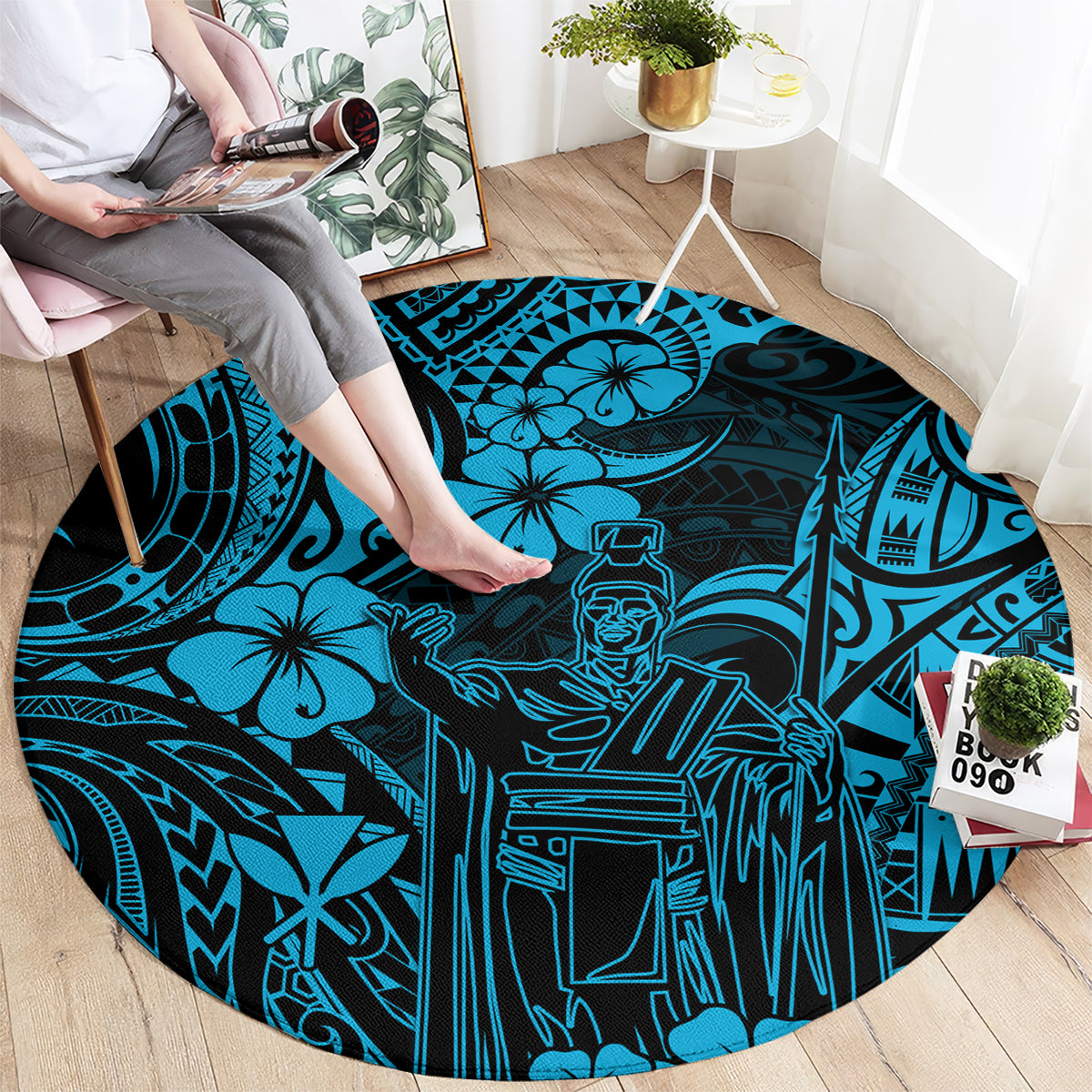 Hawaii King Kamehameha Round Carpet Polynesian Pattern Sky Blue Version LT01 - Polynesian Pride