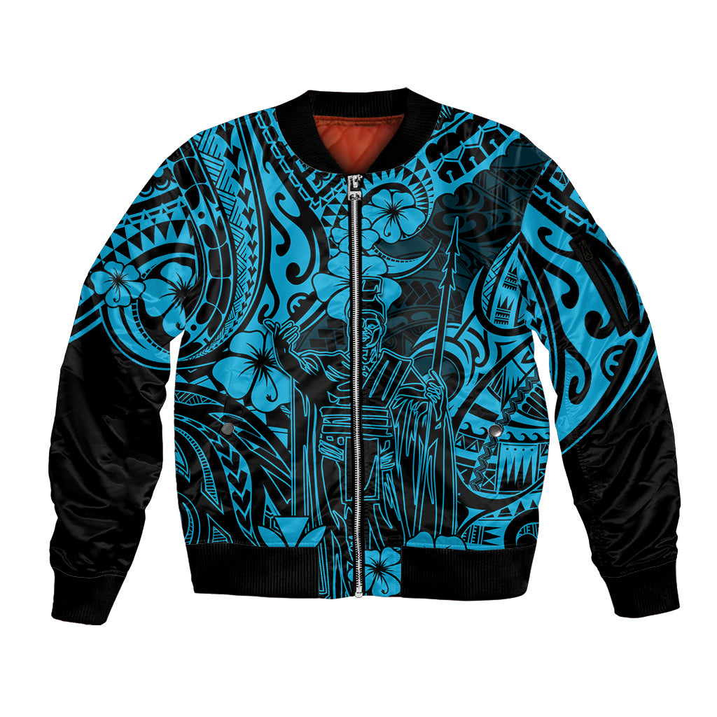 Hawaii King Kamehameha Sleeve Zip Bomber Jacket Polynesian Pattern Sky Blue Version LT01 Unisex Blue - Polynesian Pride