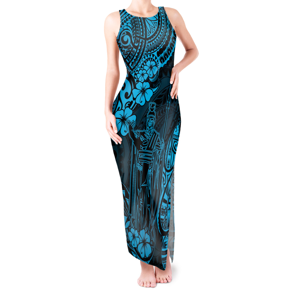 Hawaii King Kamehameha Tank Maxi Dress Polynesian Pattern Sky Blue Version LT01 Women Blue - Polynesian Pride