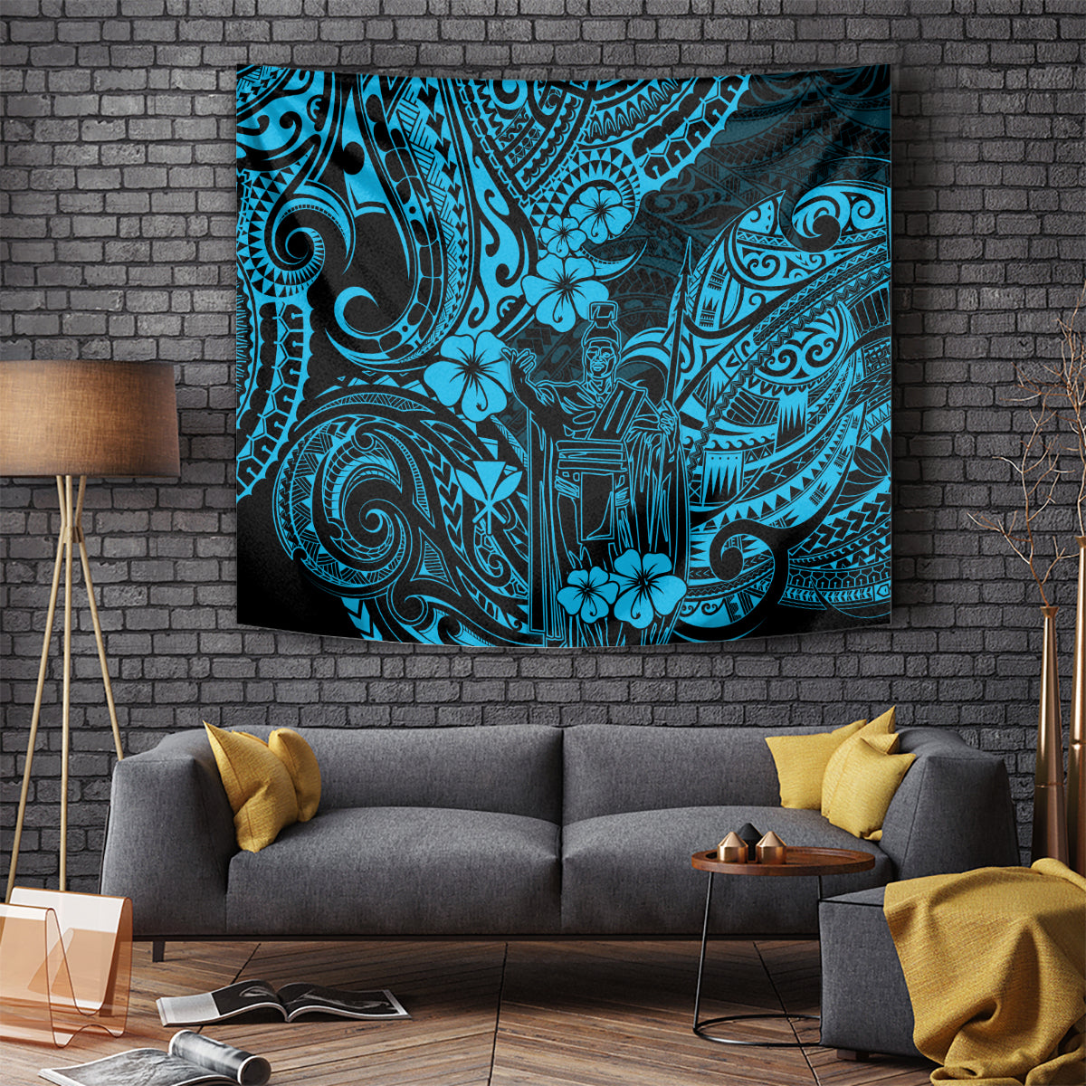 Hawaii King Kamehameha Tapestry Polynesian Pattern Sky Blue Version LT01 Blue - Polynesian Pride