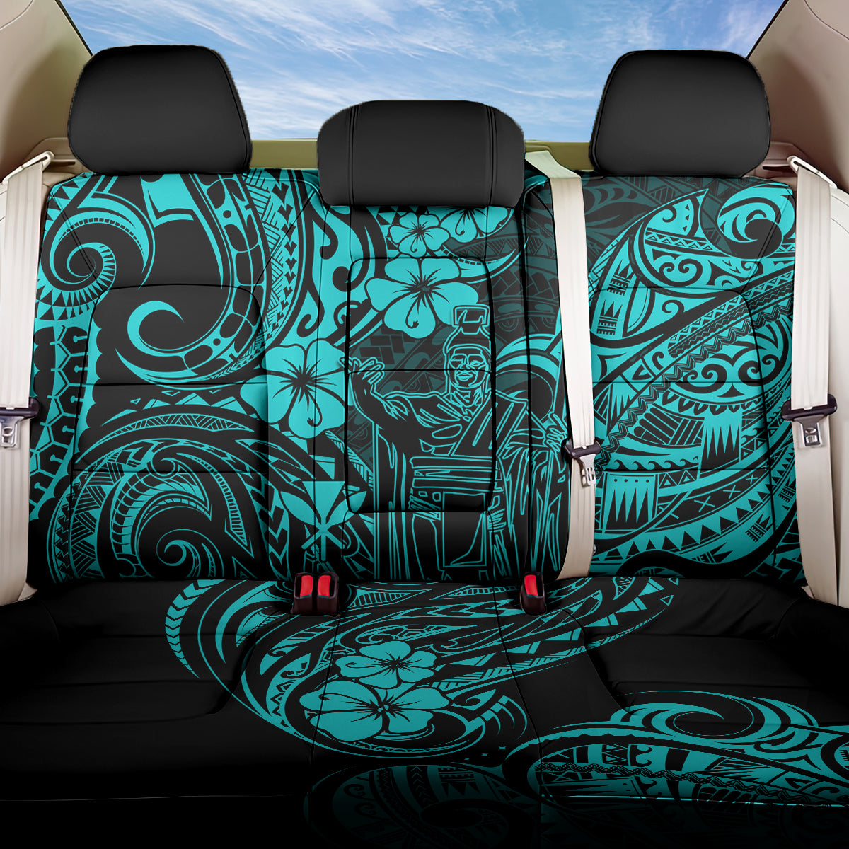 Hawaii King Kamehameha Back Car Seat Cover Polynesian Pattern Turquoise Version