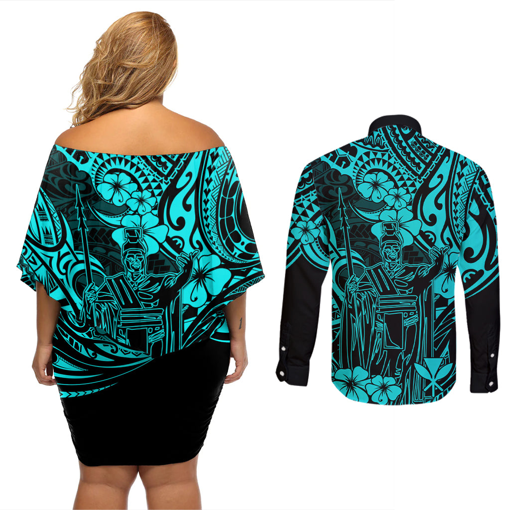 Hawaii King Kamehameha Couples Matching Off Shoulder Short Dress and Long Sleeve Button Shirts Polynesian Pattern Turquoise Version LT01 - Polynesian Pride