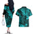 Hawaii King Kamehameha Couples Matching Off The Shoulder Long Sleeve Dress and Hawaiian Shirt Polynesian Pattern Turquoise Version LT01 - Polynesian Pride