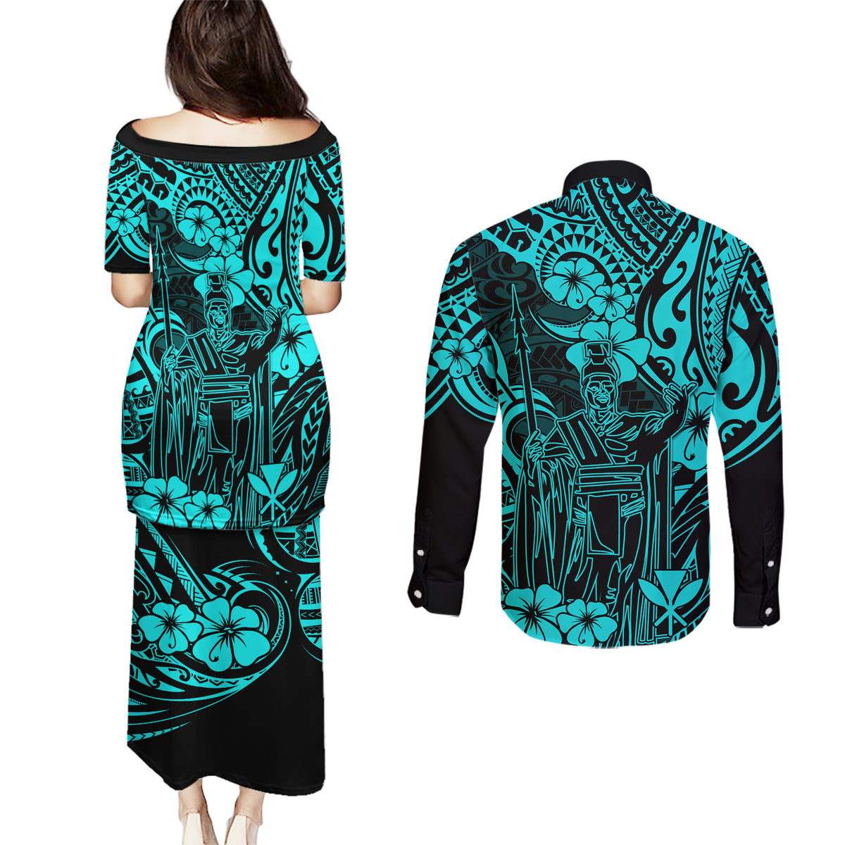 Hawaii King Kamehameha Couples Matching Puletasi Dress and Long Sleeve Button Shirts Polynesian Pattern Turquoise Version LT01 - Polynesian Pride