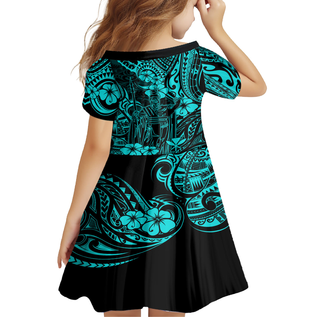 Hawaii King Kamehameha Family Matching Long Sleeve Bodycon Dress and Hawaiian Shirt Polynesian Pattern Turquoise Version LT01 - Polynesian Pride