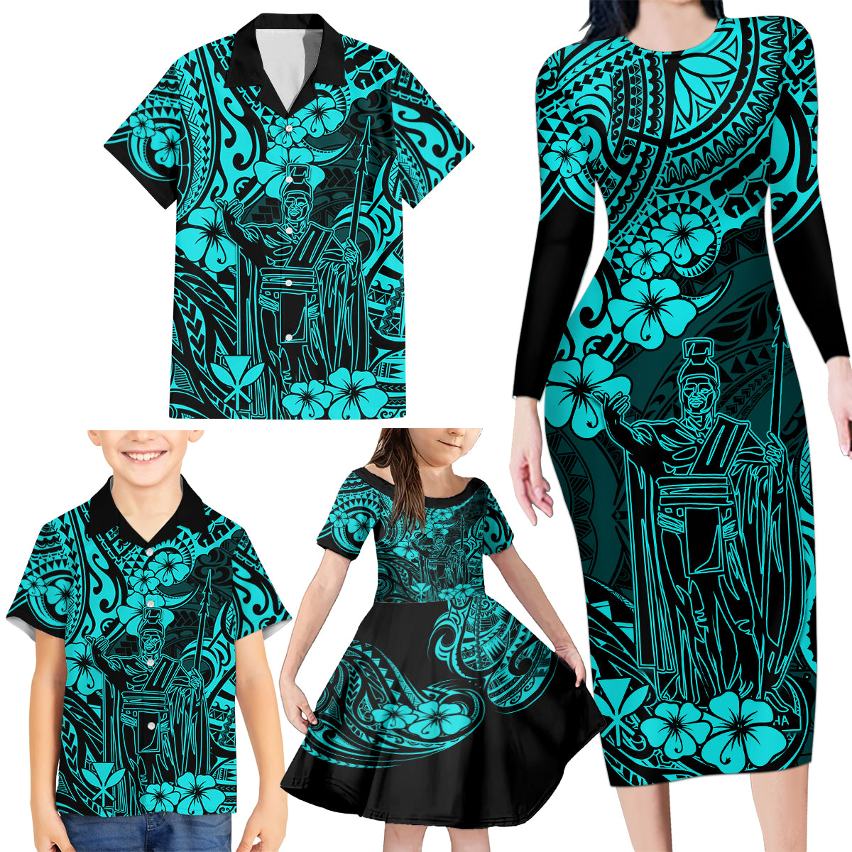 Hawaii King Kamehameha Family Matching Long Sleeve Bodycon Dress and Hawaiian Shirt Polynesian Pattern Turquoise Version LT01 - Polynesian Pride