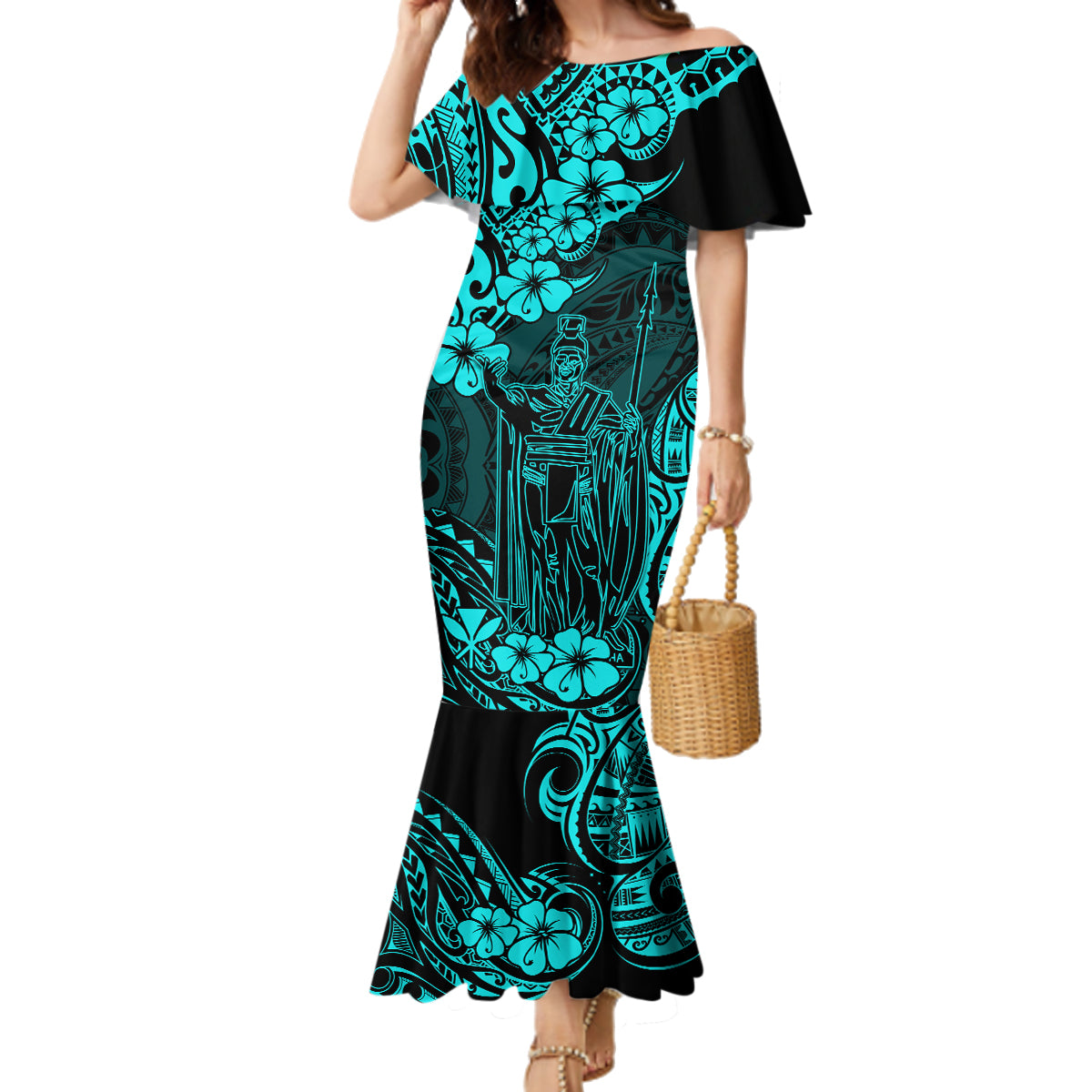 Hawaii King Kamehameha Family Matching Mermaid Dress and Hawaiian Shirt Polynesian Pattern Turquoise Version LT01 Mom's Dress Turquoise - Polynesian Pride