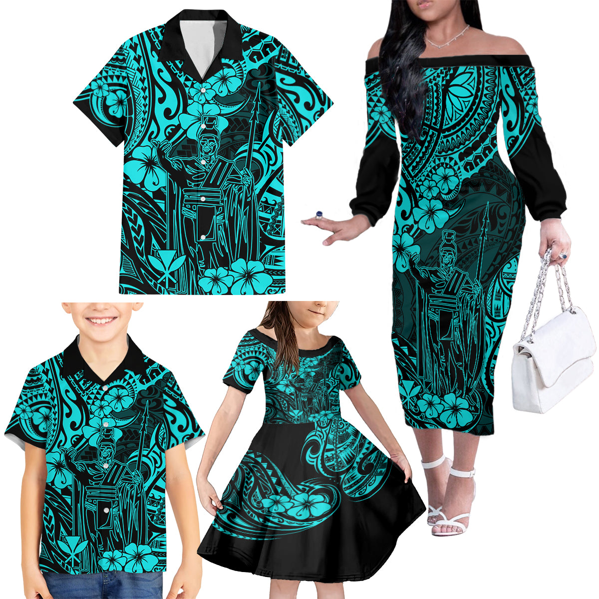 Hawaii King Kamehameha Family Matching Off Shoulder Long Sleeve Dress and Hawaiian Shirt Polynesian Pattern Turquoise Version LT01 - Polynesian Pride