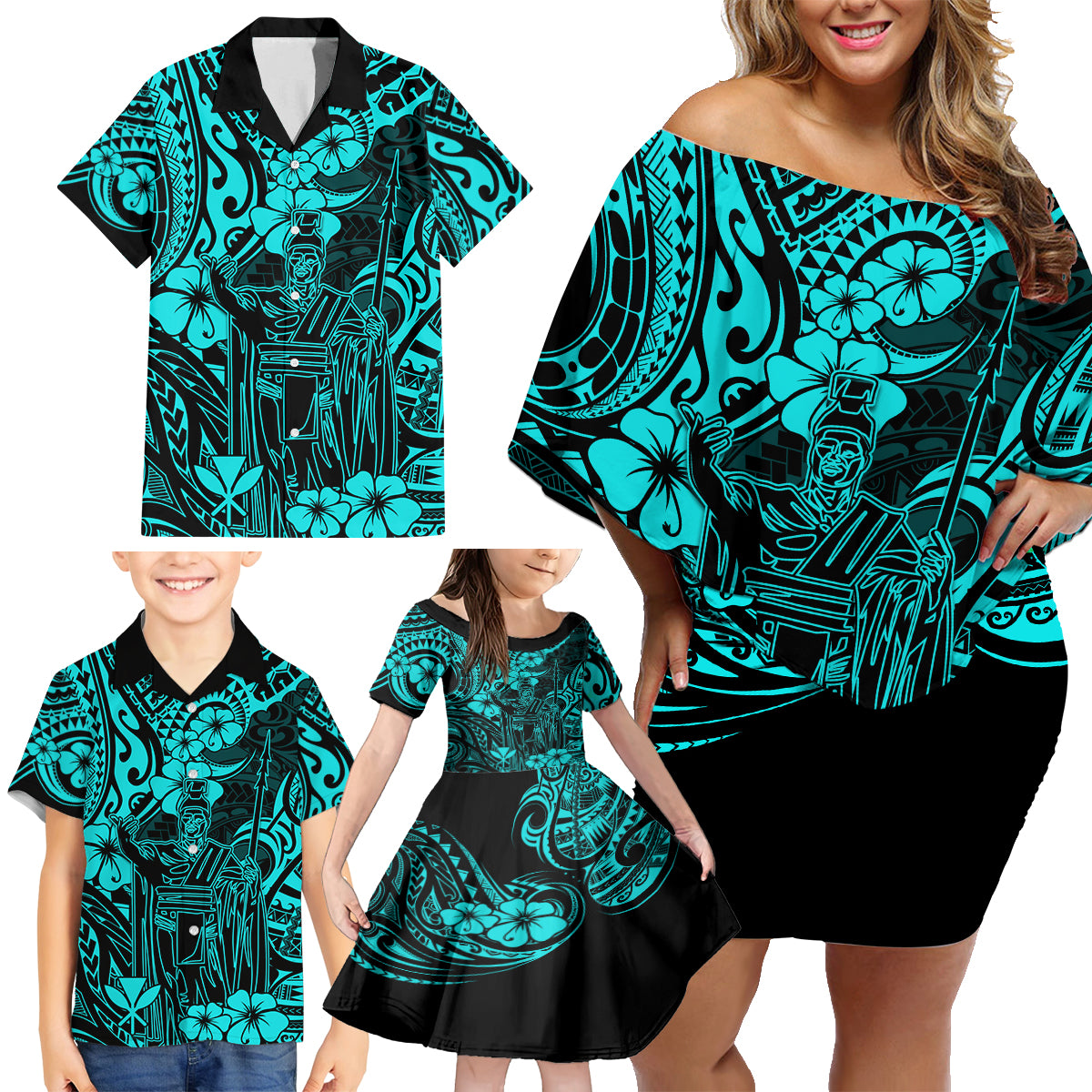 Hawaii King Kamehameha Family Matching Off Shoulder Short Dress and Hawaiian Shirt Polynesian Pattern Turquoise Version LT01 - Polynesian Pride