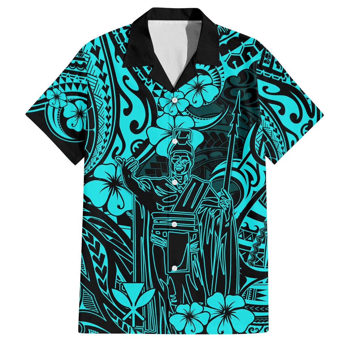 Hawaii King Kamehameha Family Matching Summer Maxi Dress and Hawaiian Shirt Polynesian Pattern Turquoise Version LT01 Dad's Shirt - Short Sleeve Turquoise - Polynesian Pride
