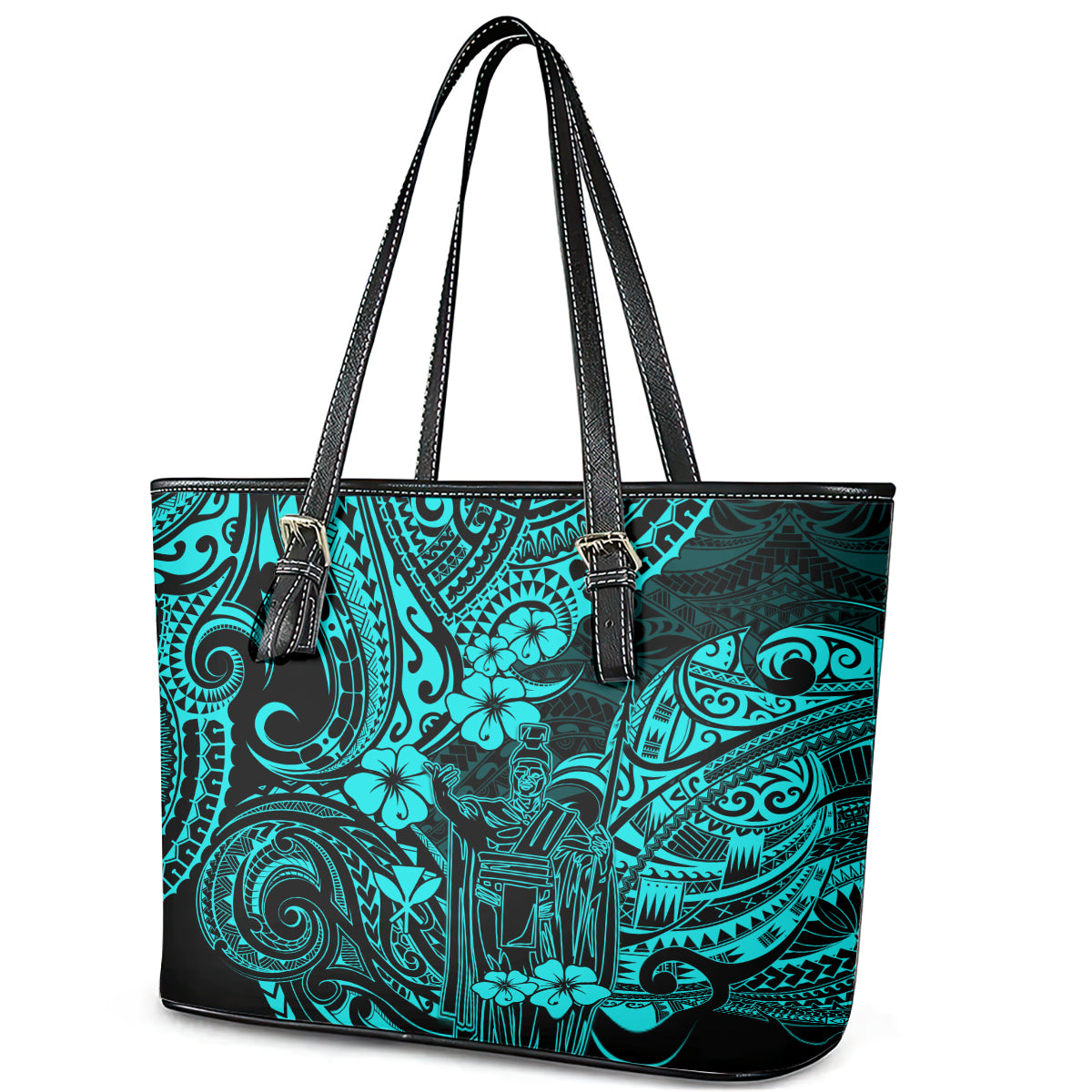 Hawaii King Kamehameha Leather Tote Bag Polynesian Pattern Turquoise Version LT01 - Polynesian Pride