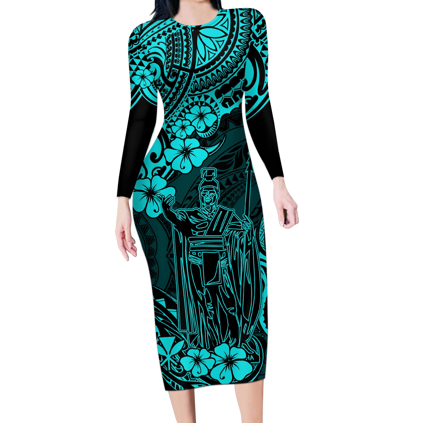 Hawaii King Kamehameha Long Sleeve Bodycon Dress Polynesian Pattern Turquoise Version LT01 Long Dress Turquoise - Polynesian Pride