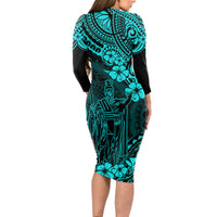Hawaii King Kamehameha Long Sleeve Bodycon Dress Polynesian Pattern Turquoise Version LT01 - Polynesian Pride