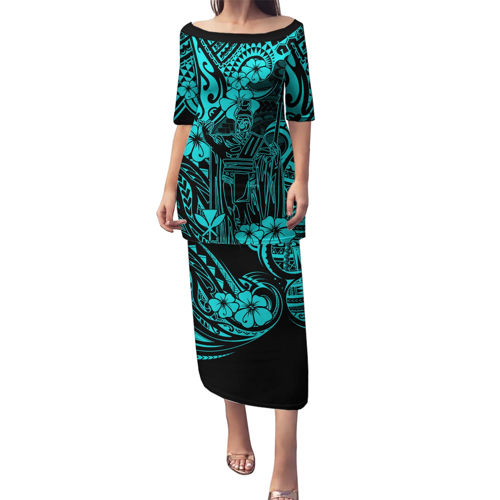 Hawaii King Kamehameha Puletasi Polynesian Pattern Turquoise Version LT01 Long Dress Turquoise - Polynesian Pride