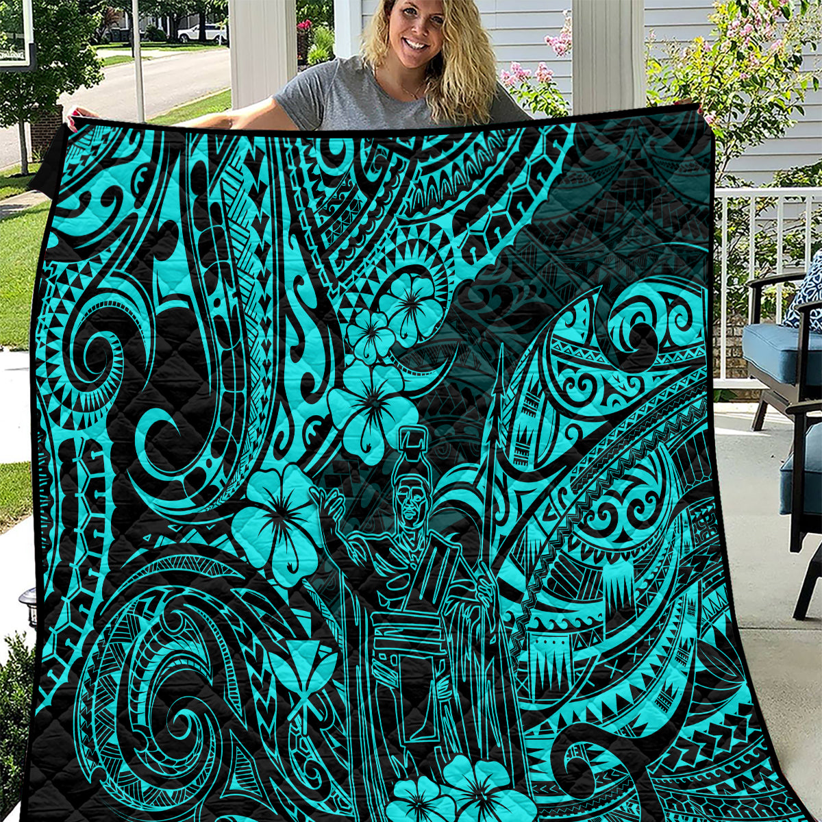 Hawaii King Kamehameha Quilt Polynesian Pattern Turquoise Version LT01 Turquoise - Polynesian Pride