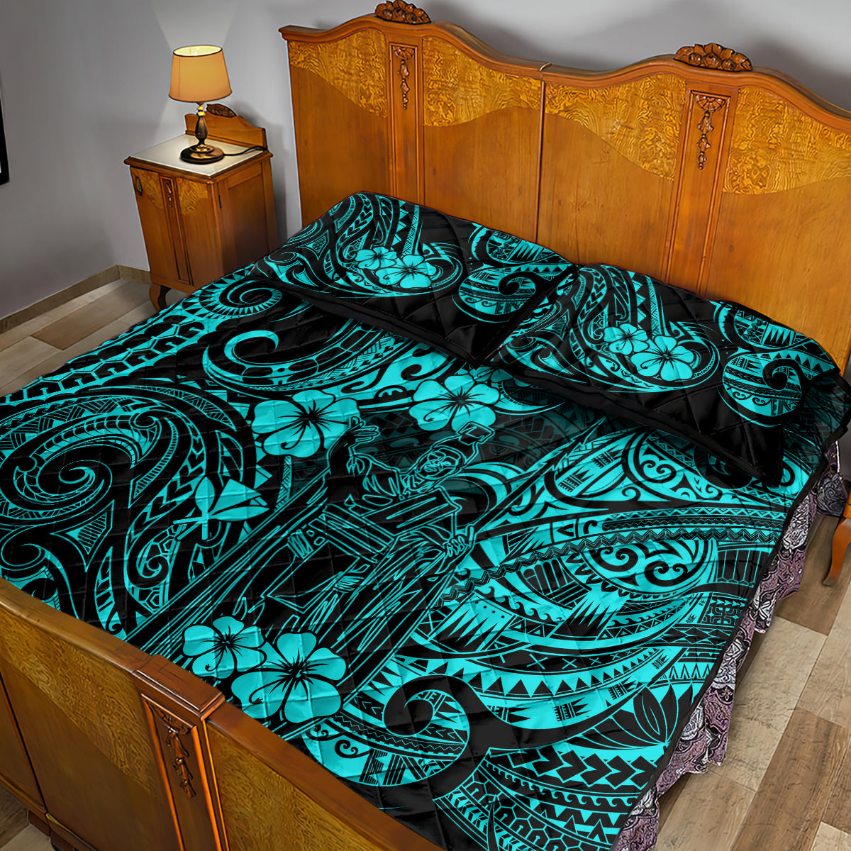 Hawaii King Kamehameha Quilt Bed Set Polynesian Pattern Turquoise Version LT01 - Polynesian Pride