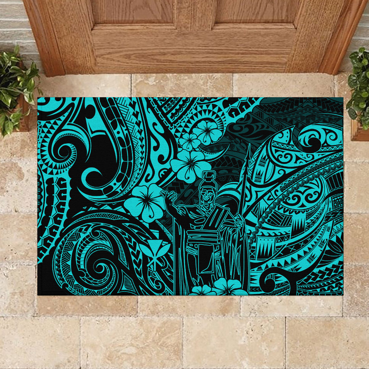 Hawaii King Kamehameha Rubber Doormat Polynesian Pattern Turquoise Version LT01 - Polynesian Pride