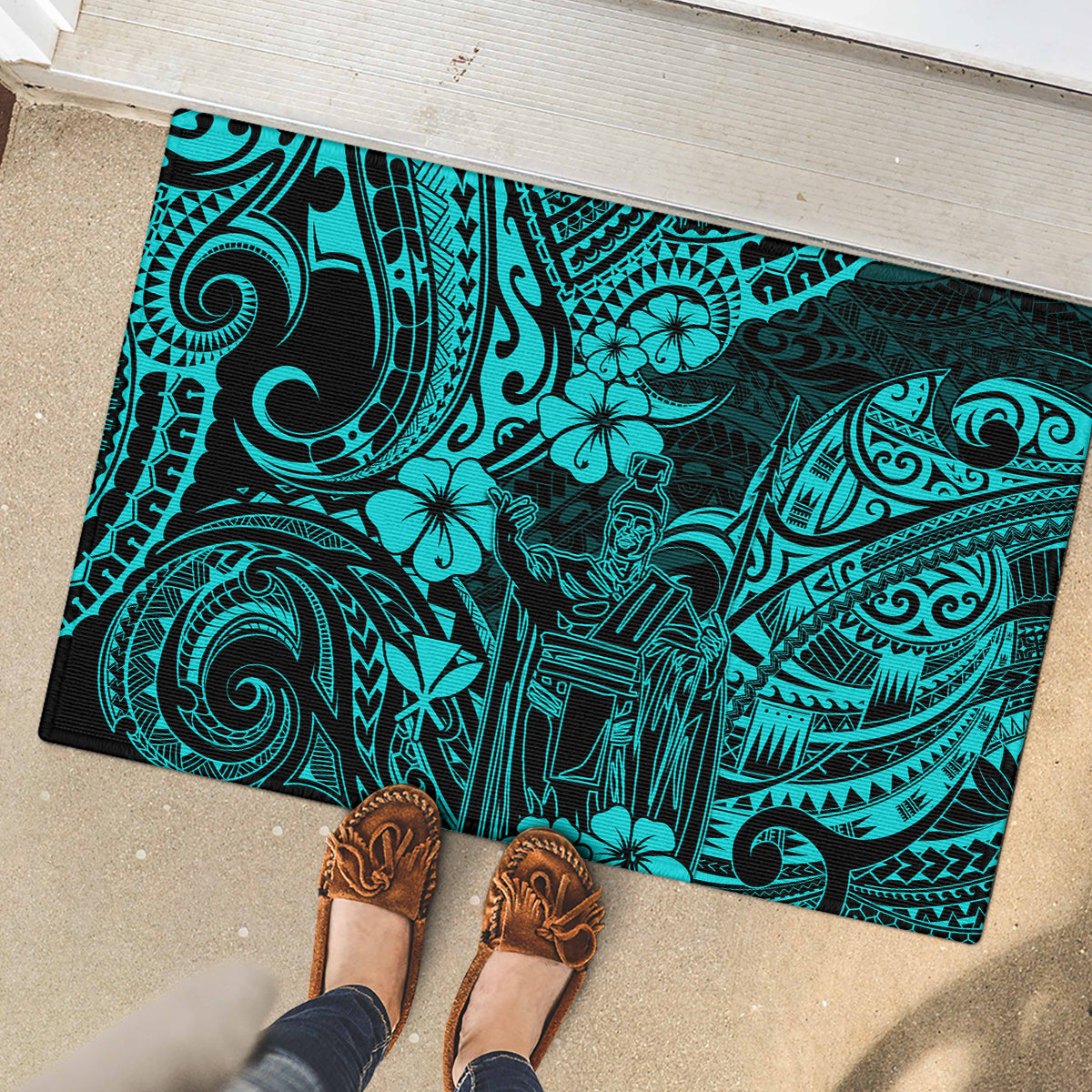 Hawaii King Kamehameha Rubber Doormat Polynesian Pattern Turquoise Version LT01 - Polynesian Pride