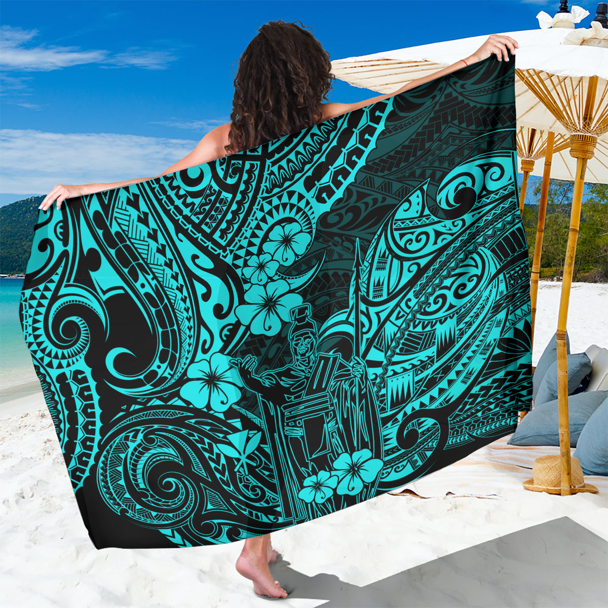 Hawaii King Kamehameha Sarong Polynesian Pattern Turquoise Version LT01 One Size 44 x 66 inches Turquoise - Polynesian Pride