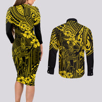 Hawaii King Kamehameha Couples Matching Long Sleeve Bodycon Dress and Long Sleeve Button Shirts Polynesian Pattern Yellow Version LT01 - Polynesian Pride