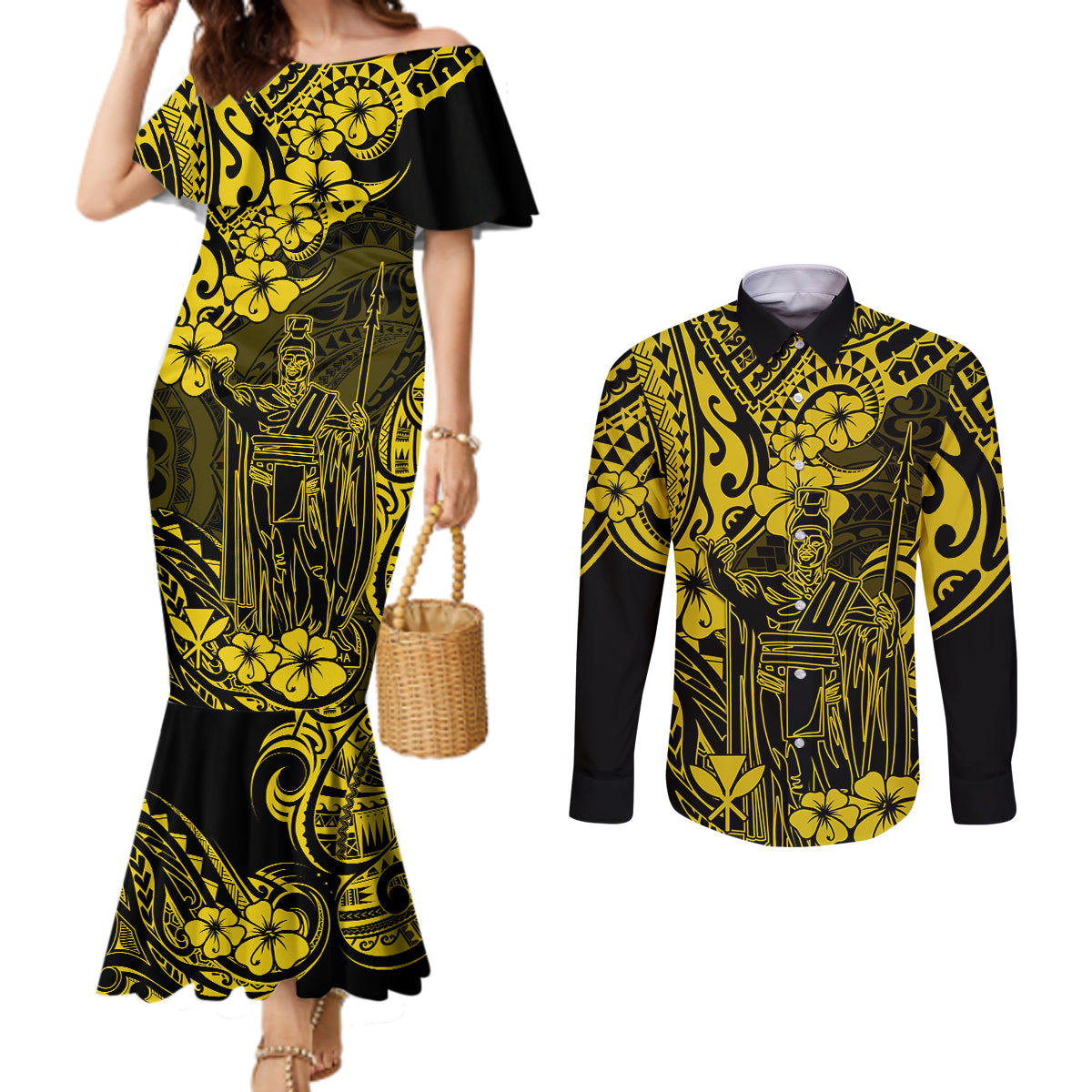 Hawaii King Kamehameha Couples Matching Mermaid Dress and Long Sleeve Button Shirts Polynesian Pattern Yellow Version LT01 Yellow - Polynesian Pride