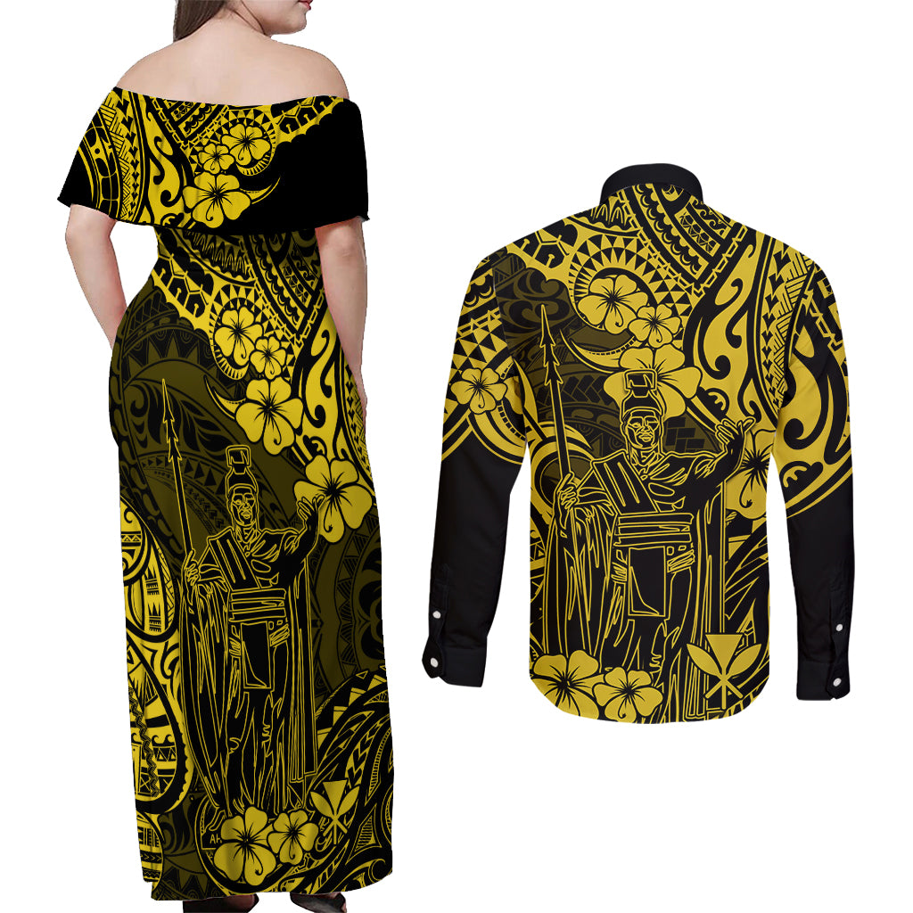Hawaii King Kamehameha Couples Matching Off Shoulder Maxi Dress and Long Sleeve Button Shirts Polynesian Pattern Yellow Version LT01 - Polynesian Pride