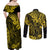 Hawaii King Kamehameha Couples Matching Off Shoulder Maxi Dress and Long Sleeve Button Shirts Polynesian Pattern Yellow Version LT01 - Polynesian Pride