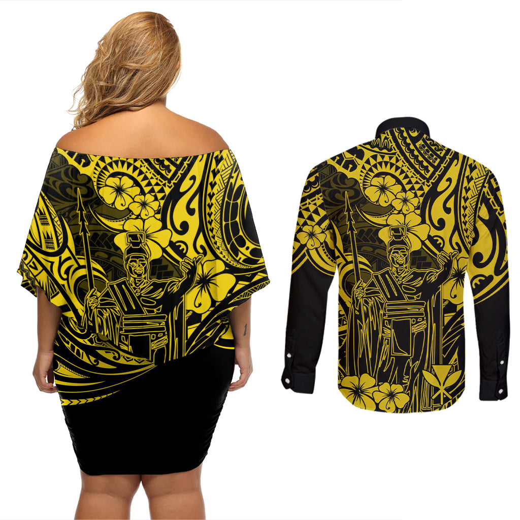Hawaii King Kamehameha Couples Matching Off Shoulder Short Dress and Long Sleeve Button Shirts Polynesian Pattern Yellow Version LT01 - Polynesian Pride