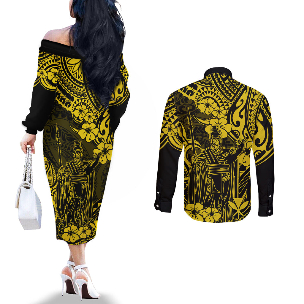 Hawaii King Kamehameha Couples Matching Off The Shoulder Long Sleeve Dress and Long Sleeve Button Shirts Polynesian Pattern Yellow Version LT01 - Polynesian Pride