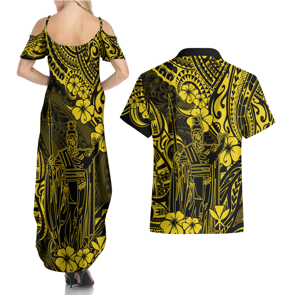 Hawaii King Kamehameha Couples Matching Summer Maxi Dress and Hawaiian Shirt Polynesian Pattern Yellow Version LT01 - Polynesian Pride