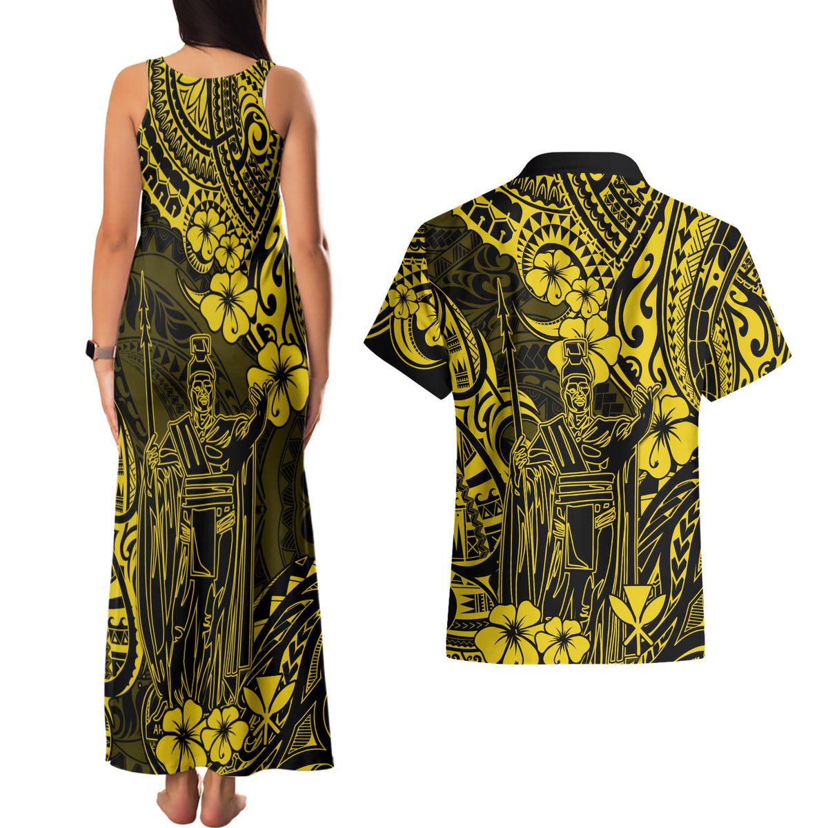 Hawaii King Kamehameha Couples Matching Tank Maxi Dress and Hawaiian Shirt Polynesian Pattern Yellow Version LT01 - Polynesian Pride