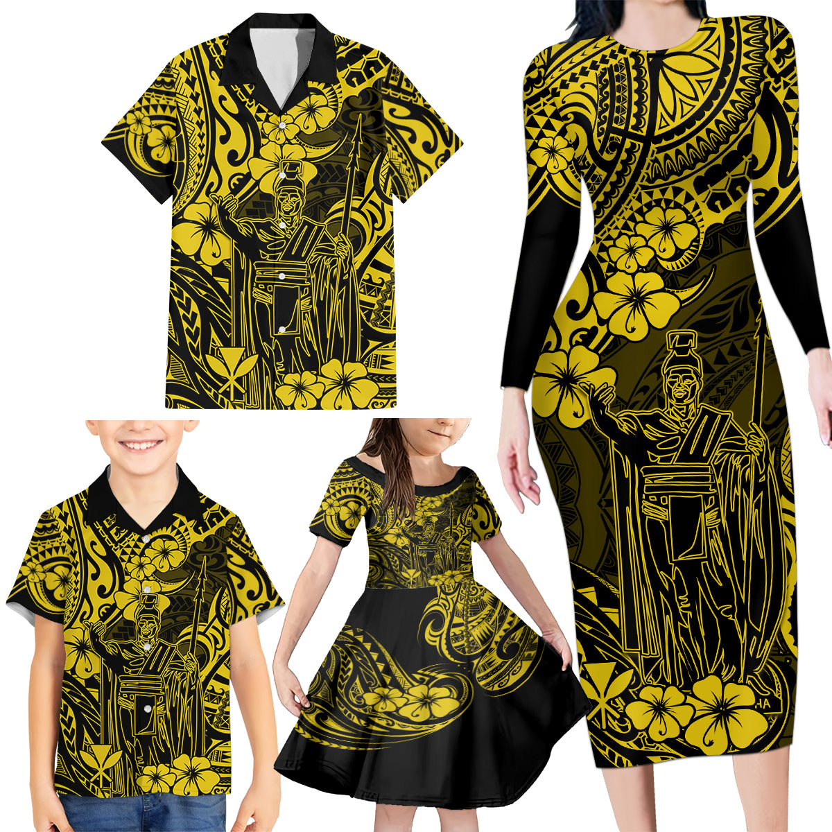 Hawaii King Kamehameha Family Matching Long Sleeve Bodycon Dress and Hawaiian Shirt Polynesian Pattern Yellow Version LT01 - Polynesian Pride