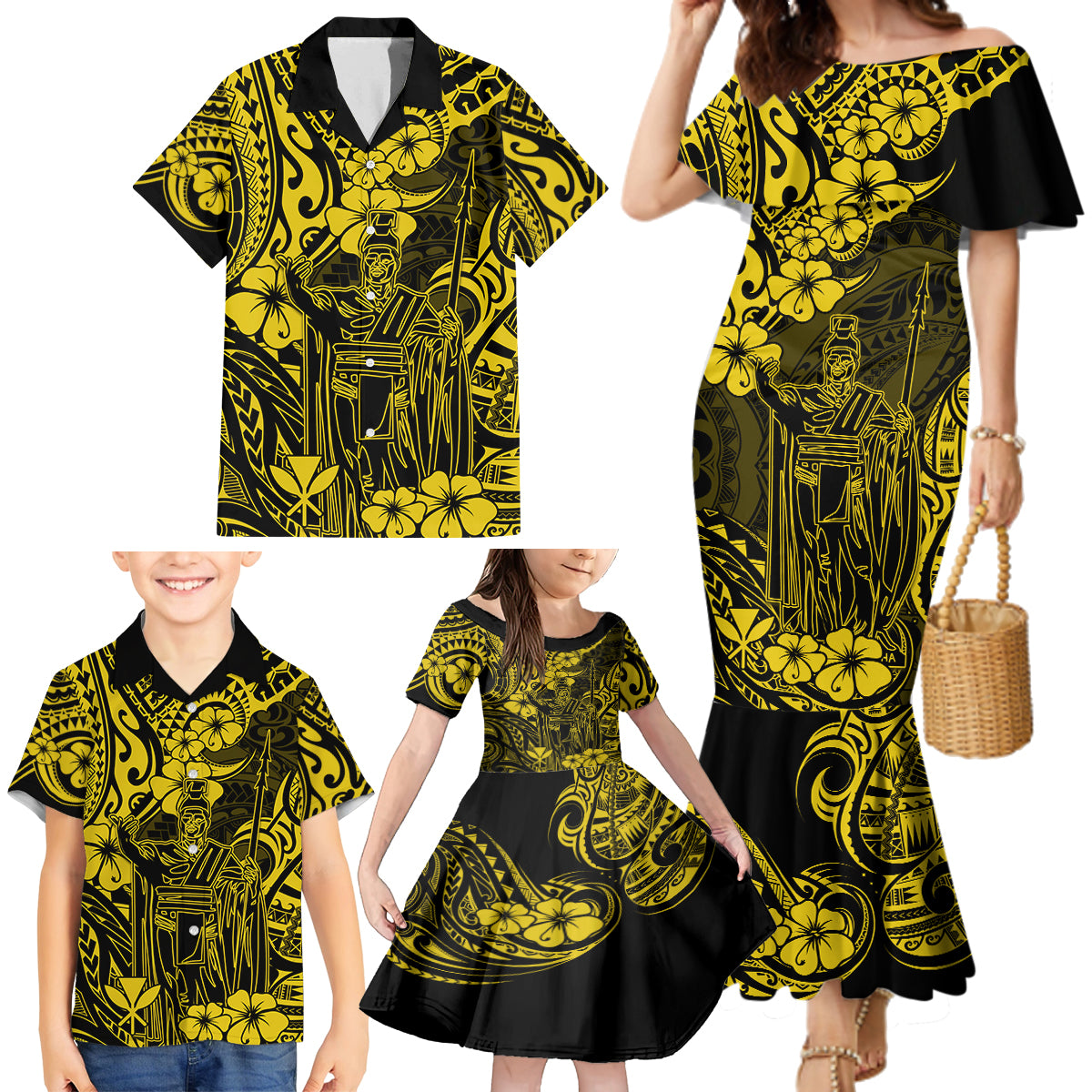 Hawaii King Kamehameha Family Matching Mermaid Dress and Hawaiian Shirt Polynesian Pattern Yellow Version LT01 - Polynesian Pride