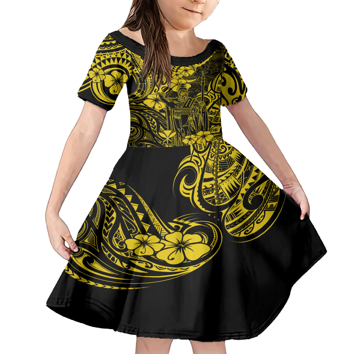 Hawaii King Kamehameha Family Matching Off Shoulder Maxi Dress and Hawaiian Shirt Polynesian Pattern Yellow Version LT01 Daughter's Dress Yellow - Polynesian Pride